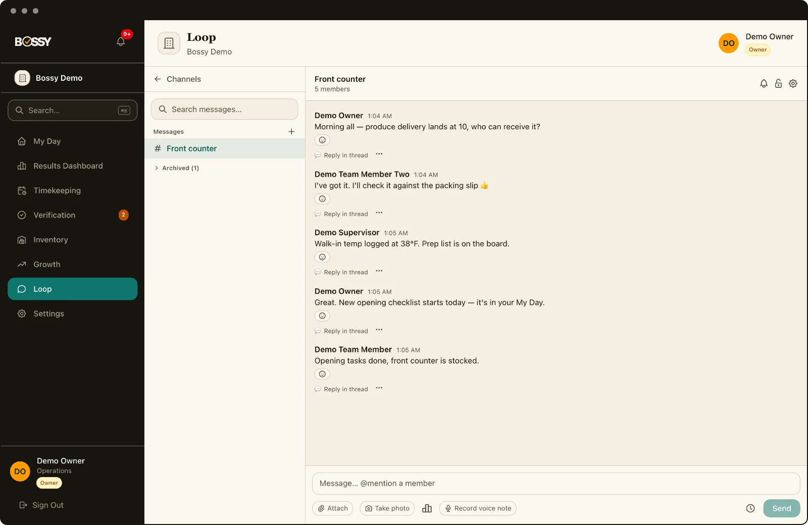 A Loop conversation in Bossy, the Front counter channel