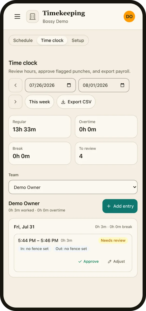 Bossy time clock showing who is clocked in on site